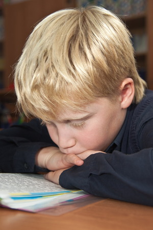 Elementary school. Schoolboy reading a bookの写真素材