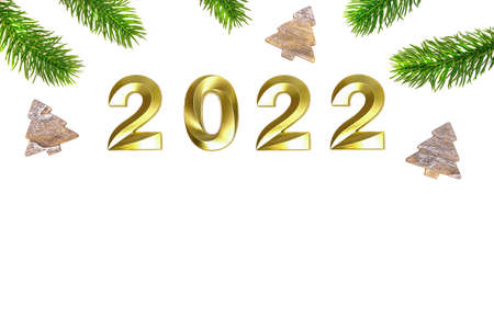 New year composition with fir branches, wooden toys and shiny golden numbers 2022 on a white...