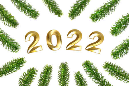 Happy New Year. Composition with fir branches and shiny golden numbers 2022 on a white background...