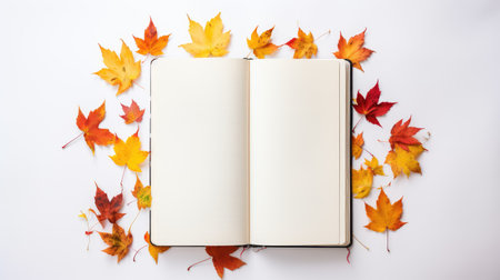 Notebook with autumn maple leaves on white background, top view, mockup, copy space, education conceptの素材