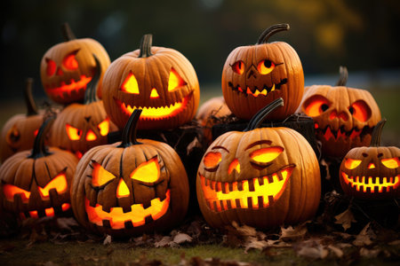 Lots of halloween pumpkins, candles and autumn leaves on green grassの素材