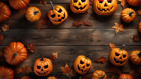 Ðalloween background with pumpkins and maple leaves on a wooden table, Top view, copy space for textの素材