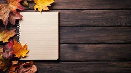 Notebook with autumn maple leaves on wooden background, top view, mockup, copy space, education conceptの素材