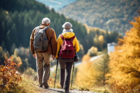 Elderly couple hiking with backpacks and trekking sticks in the mountains at autumn, back view, concept of active lifestyle on retirementの素材