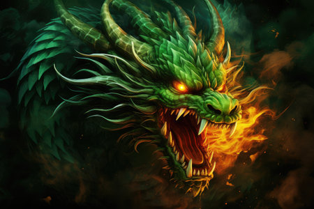 Green dragon with glowing eyes breathing fire on a black background, fictional frightening character, symbol of the new yearの素材