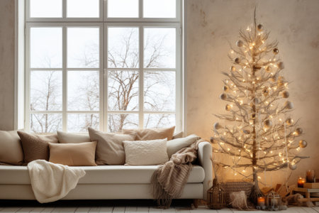 Modern stylish living room with white sofa and pillows, large window, alternative eco christmas tree decorated with a glowing garland and ballsの素材