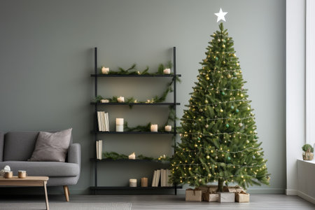Modern minimalistic stylish living room with sofa, table and shelving. Ð¡hristmas tree with a garland and gift boxes, new years eco decorの素材