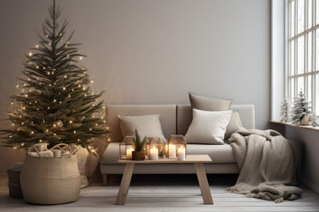 Modern minimalistic stylish living room in beige color with sofa, pillows and blankets. Ð¡hristmas tree with a glowing garland, new years eco decorの素材