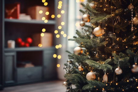 Modern stylish living room with grey furniture, christmas tree with balls and glowing garland closeup, new years decorの素材