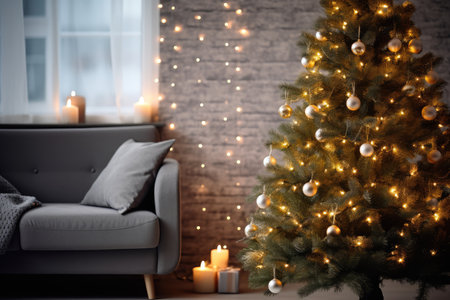 Modern minimalistic stylish living room with grey sofa, christmas tree with balls and glowing garland closeup, new years decorの素材