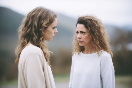 Mother and teenage daughter talking outdoors, quarrel between girl and middle-aged woman, family conflict conceptの素材