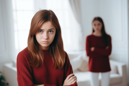 Upset girl in front and young woman behind avoid to talk after quarrel at home close up, offended teen daughter and mum argument, two generation conflict conceptの素材