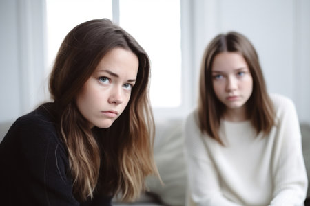Close up upset girl in front and her sister behind sit at sofa have a quarrel at home, problems of adolescenceの素材