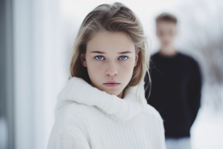 Upset teenage girl in front and her boyfriend behind after a quarrel outdoors, adolescence problemsの素材