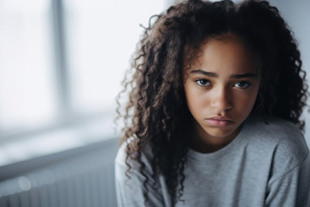 Close up portrait of lonely sad pretty african american teenage girl with curly hair, adolescence problemの素材