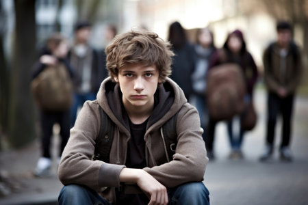 Lonely upset teen guy with backpack sitting against the background of classmates outdoor, adolescence problemsの素材