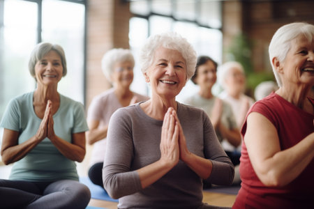Smiling elderly women doing physical exercises, yoga, pilates in the gym. Active healthy lifestyleの素材