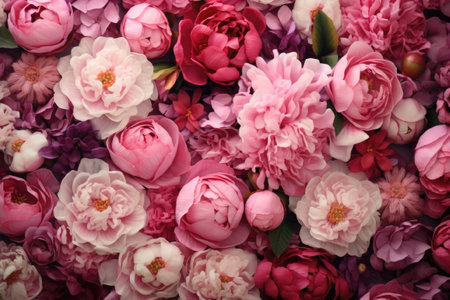 Bouquet of pink peony close up. Wallpaper of Beautiful flowers, peonies, springtime composition. Wedding, mothers or womans day. Flat lay, top viewの素材