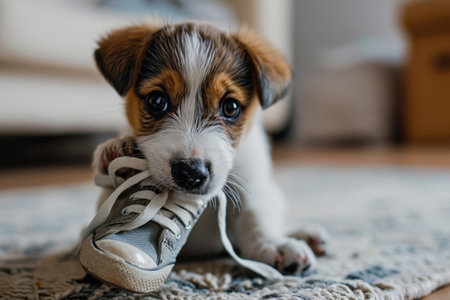 Funny jack russell terrier puppy chews shoe sitting on the carpet in the room, the little dog playing with sneaker at homeの素材