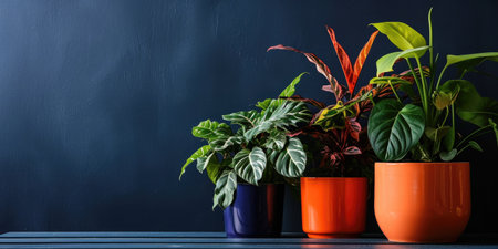 Three indoor potted plants in orange ceramic pots on a navy background, minimalism style, banner with copy space for textの素材