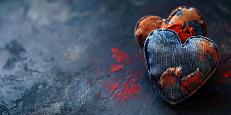 Two shabby textile hearts on a dark blue grungy background. Concept of love, Valentines Day, romantic relationships. Copy space for textの素材