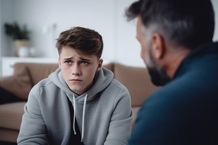 A father and son engage in a heartfelt conversation on the living room couch, reflecting a deep connection and a shared understanding of the importance of family bondsの素材