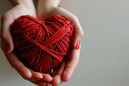 Soft, selective focus image of female hands holding a red heart-shaped yarn ball, isolated on white backgroundの素材