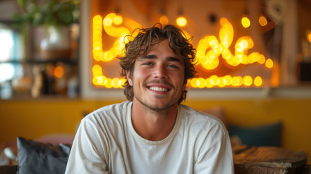 Smiling caucasian young man with long brown hair and beard in a restaurant with city street backgroundの素材