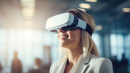 Young woman is accessorizing with a virtual reality headset, combining vision care with fashion. The electric white eyewear adds a stylish touch to her outfitの素材