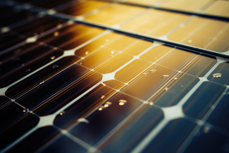 Solar panels at sunset close up. Photovoltaic, alternative electricity source, sustainable resources. Concept clean energy power in natureの素材