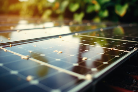 Solar panels at sunset close up. Photovoltaic, alternative electricity source, sustainable resources. Concept clean energy power in natureの素材