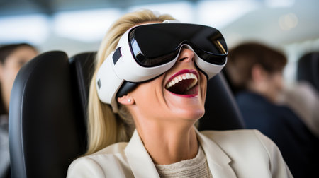 Happy young woman using a virtual reality headset traveling on an airplaneの素材
