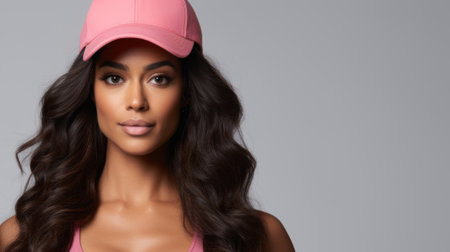 Attractive hispanic athletic young woman with long curly hair wearing a pink baseball cap isolated on a gray background, copy spaceの素材