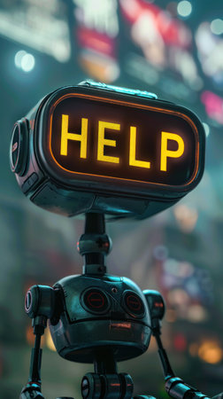 Fantasy robot with help sign on display on head outdoor closeupの素材