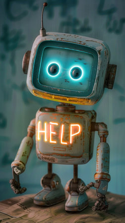 Fantasy robot with glowing help sign on display closeupの素材