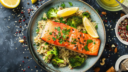 Baked salmon with quinoa and broccoli in plate on a gray background, healthy eating, flat layの素材
