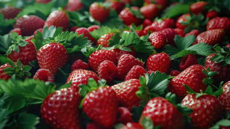 Ripe red strawberries and raspberries closeup, healthy eating, diet food, berry backgroundの素材