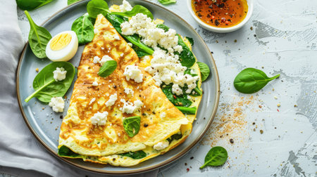Egg white omelet with spinach and cottage cheese in a grey plate, healthy eating, flat layの素材