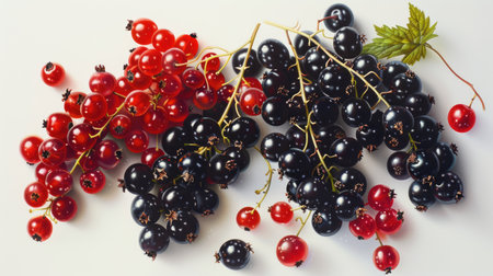 Assorted red and black currants on a white background close-up, healthy eating, diet foodの素材