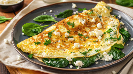Egg white omelet with spinach and cottage cheese in a grey plate, healthy eating closeupの素材