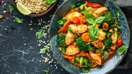 Chicken curry with quinoa and steamed vegetables in a bowl on a gray table closeup, healthy balanced diet, flat layの素材