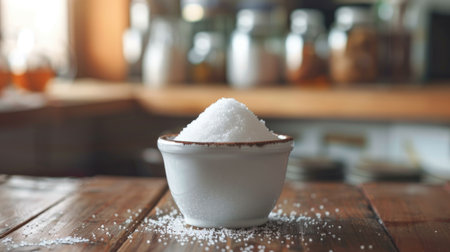 Close-up of a white ceramic bowl filled with salt, placed on a wooden table in a cozy kitchen setting.の素材