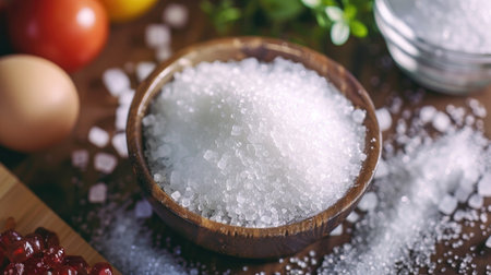 A wooden bowl filled with coarse salt sits on a rustic kitchen counter surrounded by fresh ingredientsの素材
