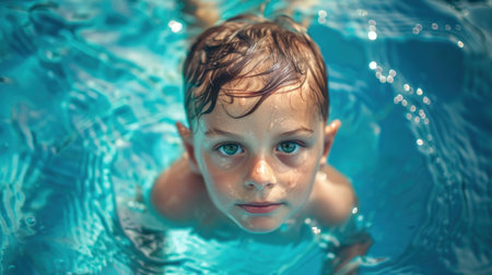 Little boy swims in clear water in the pool on vacationの素材