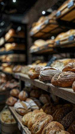 Freshly baked bread displayed on rustic shelves in a welcoming bakery, creating a warm and inviting atmosphereの素材