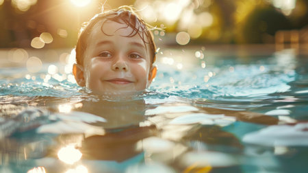 Little boy swims in clear water in the pool on vacationの素材