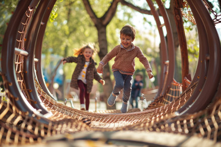 Children joyfully running through a colorful playground tunnel, capturing beautiful moments outdoorsの素材