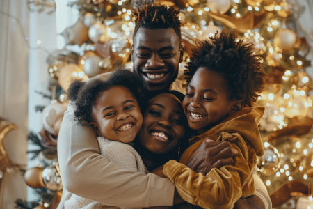 A joyful african american family shares a warm embrace during the festive season by their beautifully decorated Christmas tree.の素材