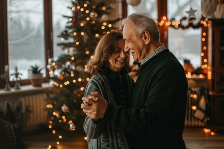 Happy senior couple dancing and smiling in a cozy home with a Christmas tree with lights. Merry Christmas, Happy New Yearの素材