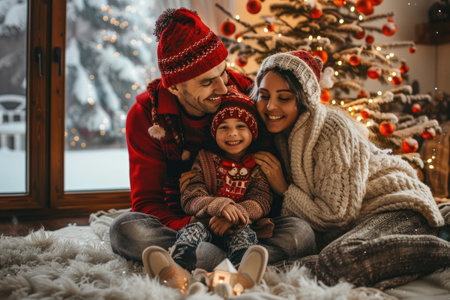 Happy young parents with a little son near a Christmas tree decorated with garlands. Cozy family celebration with loved ones gatheredの素材